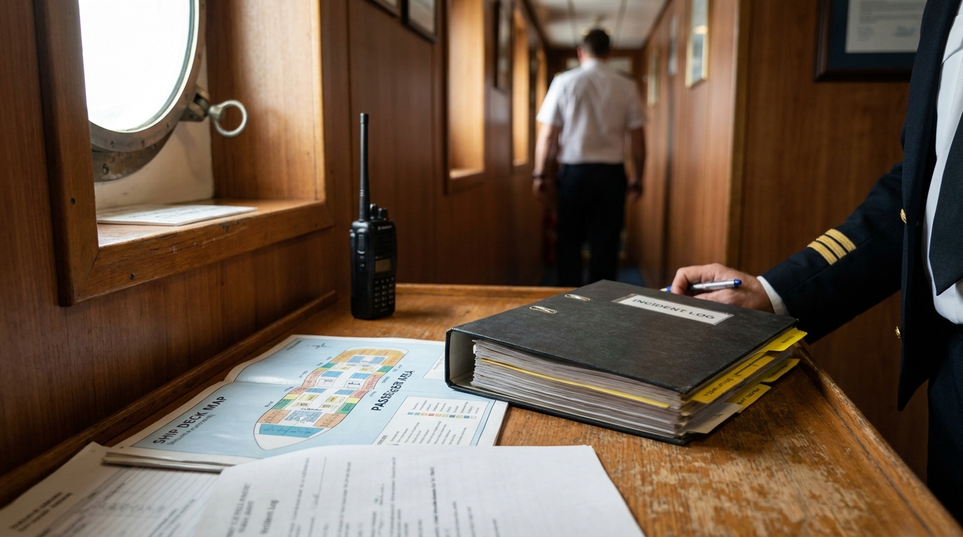 ship officer holding pen over incident log binder with ship deck map documents