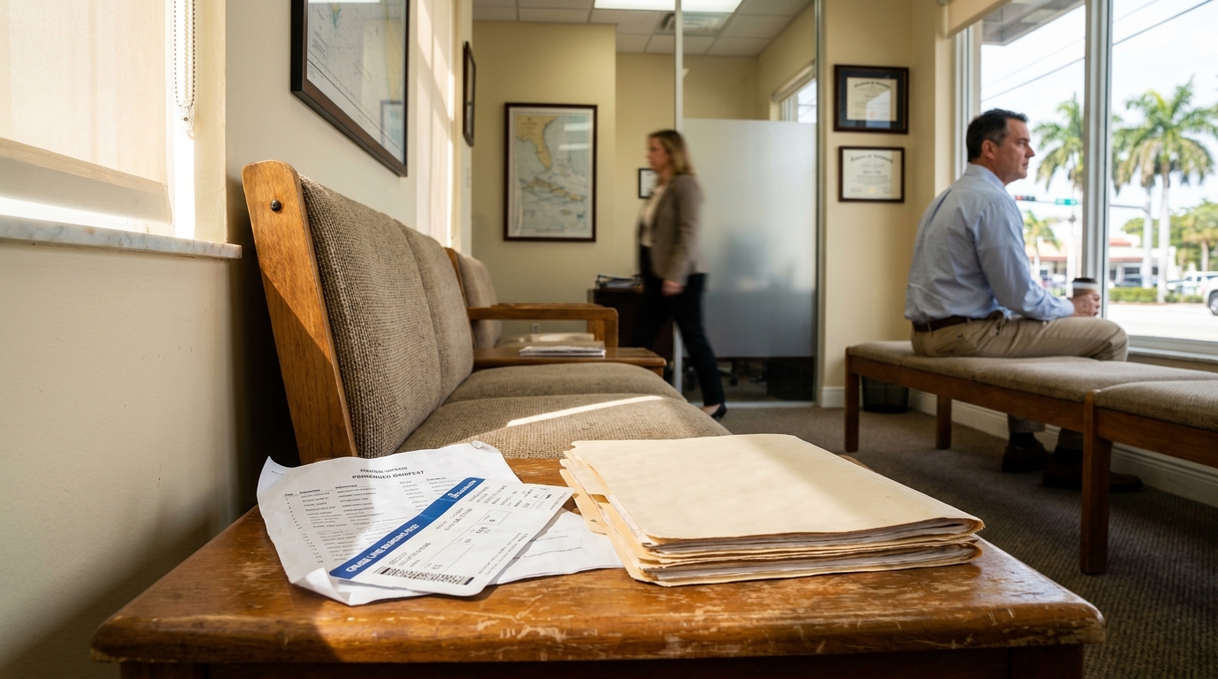 Miami Maritime Wrongful Death Attorney Office Cruise Claim legal documents and manila folders on table in law office waiting area