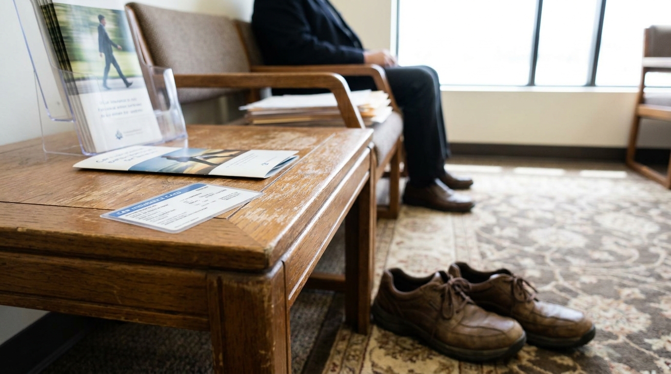 law office waiting room with car insurance card and brochures on table