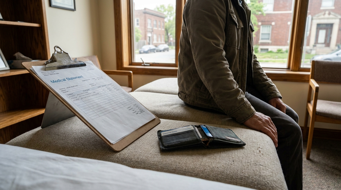 person seated on exam table beside Medical Statement clipboard and open wallet