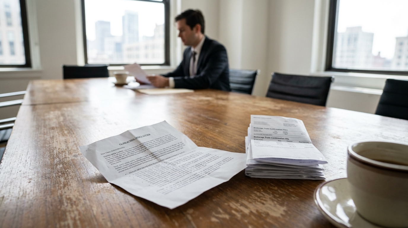 USA Securities Fraud Class Action Attorney Reviewing Investor Documents attorney in suit reviewing documents at conference table with brokerage trade confirmation papers