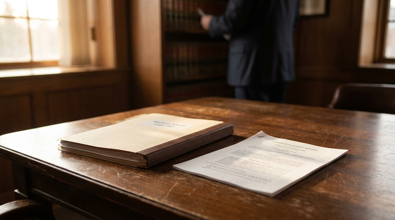 Madison WI Wrongful Death Attorney Reviewing Statutory Damages Cap legal documents and case file folder on wooden desk with attorney standing nearby