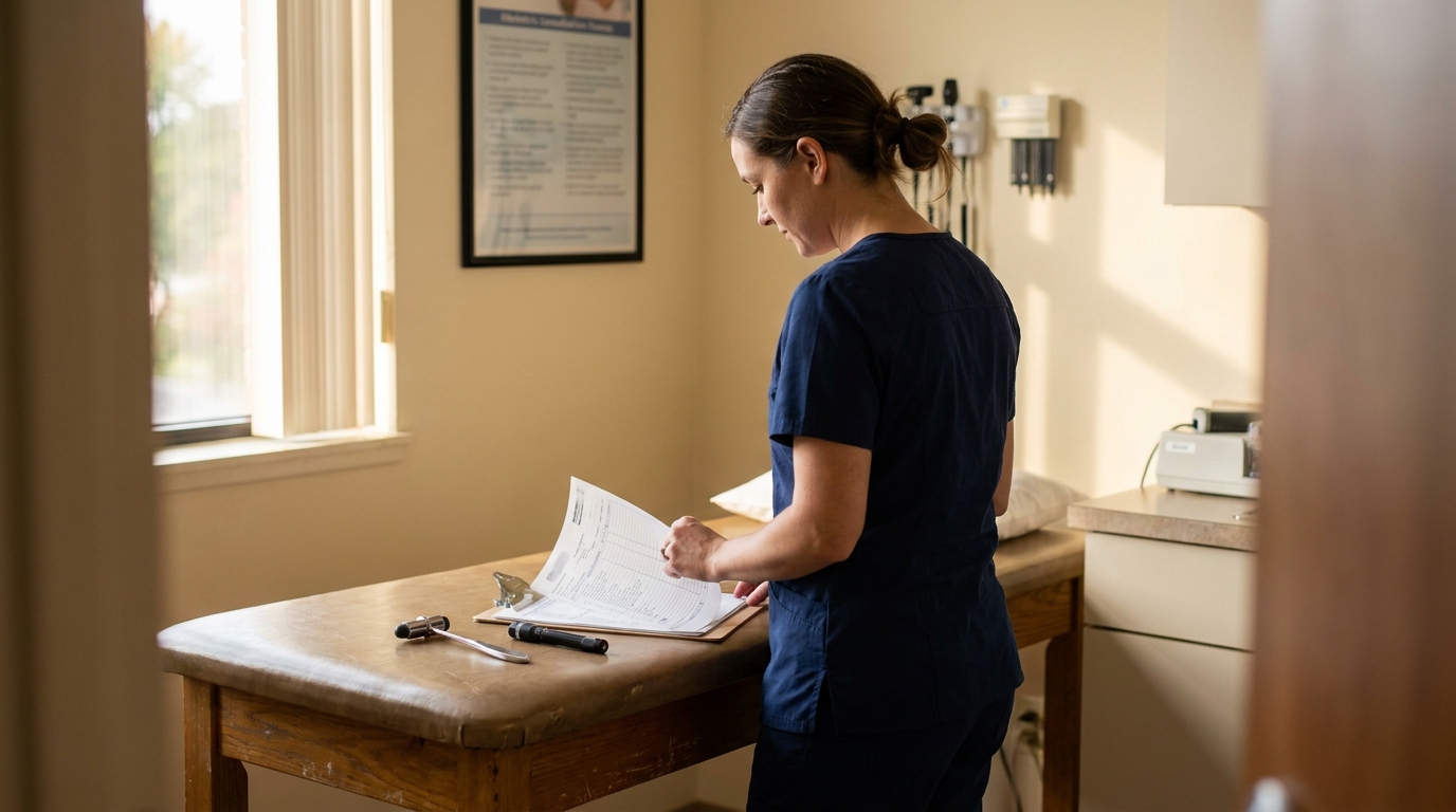 medical professional in scrubs reviewing patient documents on clipboard in exam room