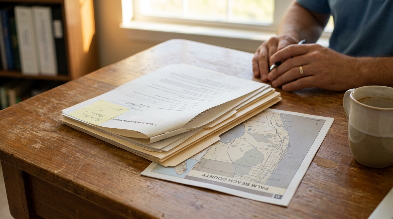Palm Beach County Probate Petition Documents on Desk Palm Beach County map beside stack of legal documents on wooden desk