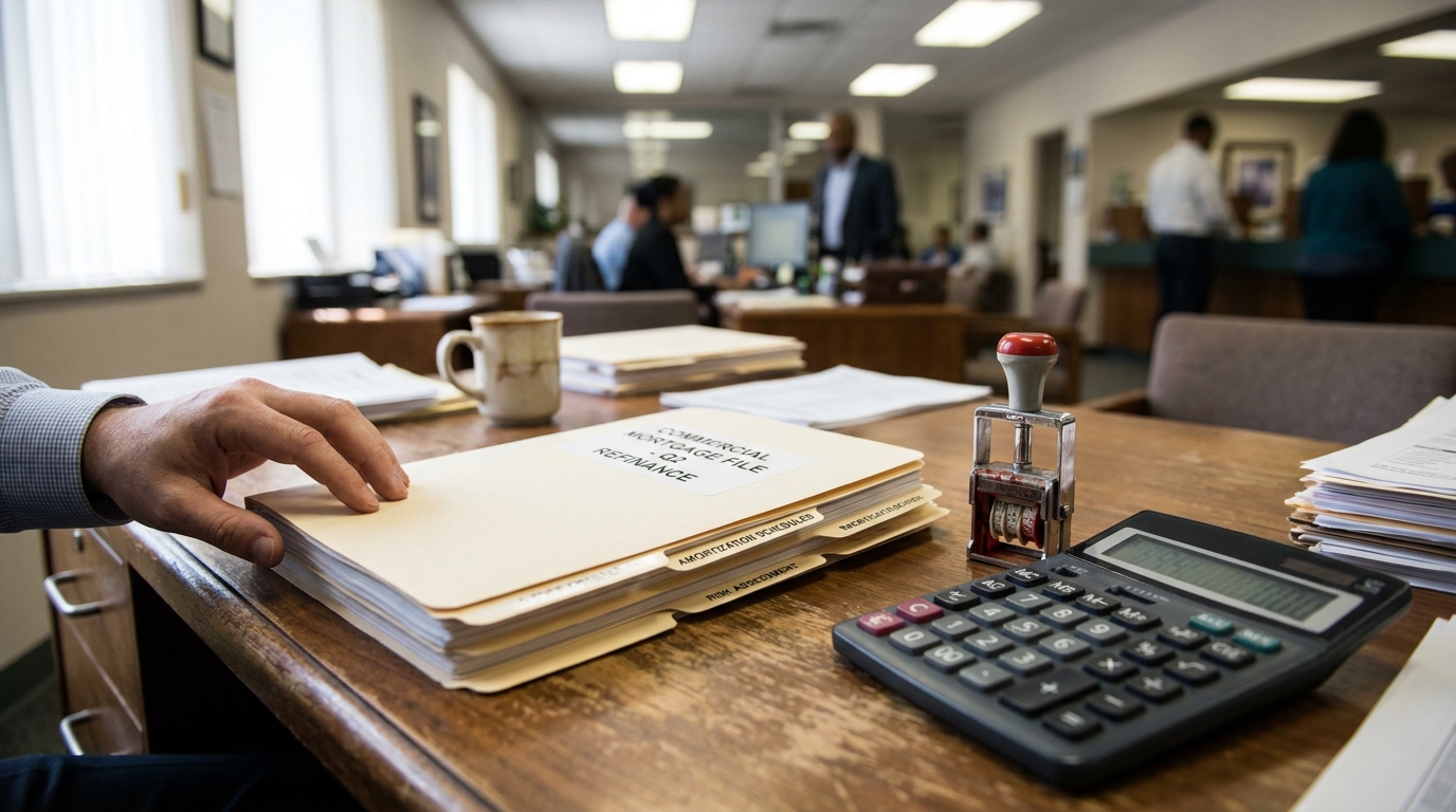 hand opening Commercial Mortgage Refinance file folder on desk with calculator and stamp