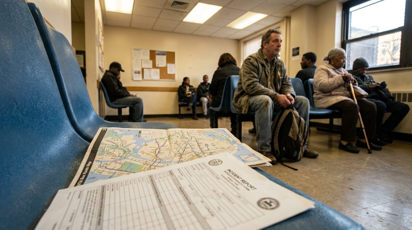 MTA Bus Accident Incident Report Waiting Room Brooklyn New York incident report form and MTA bus route map on waiting room chair with people seated