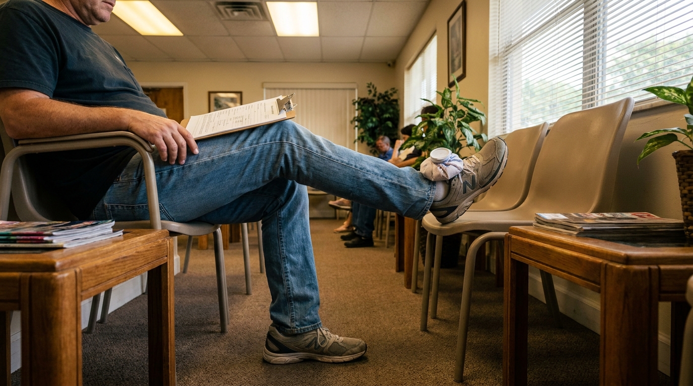 Miami Slip and Fall Victim Waiting With Ice Pack man seated in waiting room holding clipboard with forms on lap