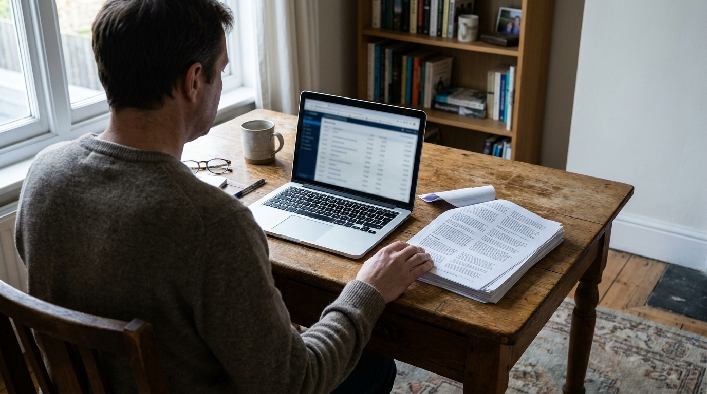 New York Man Reviewing Coinbase Data Breach Lawsuit Documents man reviewing printed documents beside open laptop displaying spreadsheet at desk