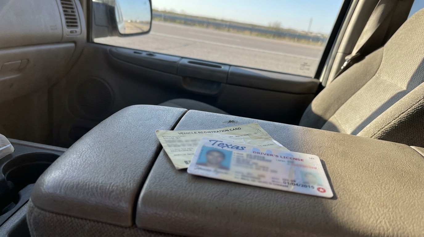 Texas Driver's License and Registration After Houston Crash Texas driver's license and vehicle registration card resting on car center console
