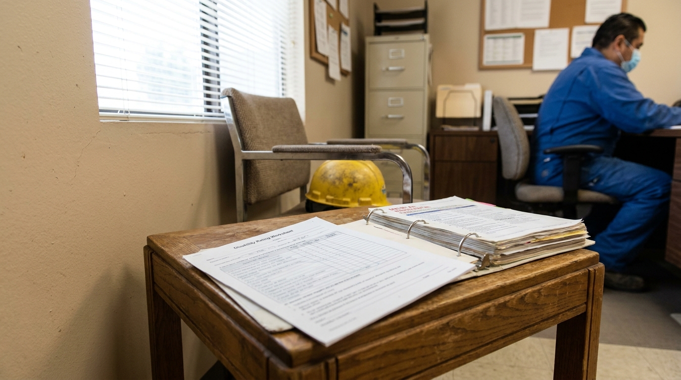 San Bernardino Worker Reviewing Permanent Disability Rating Worksheet Disability Rating Worksheet on desk beside hard hat and binder in workplace office