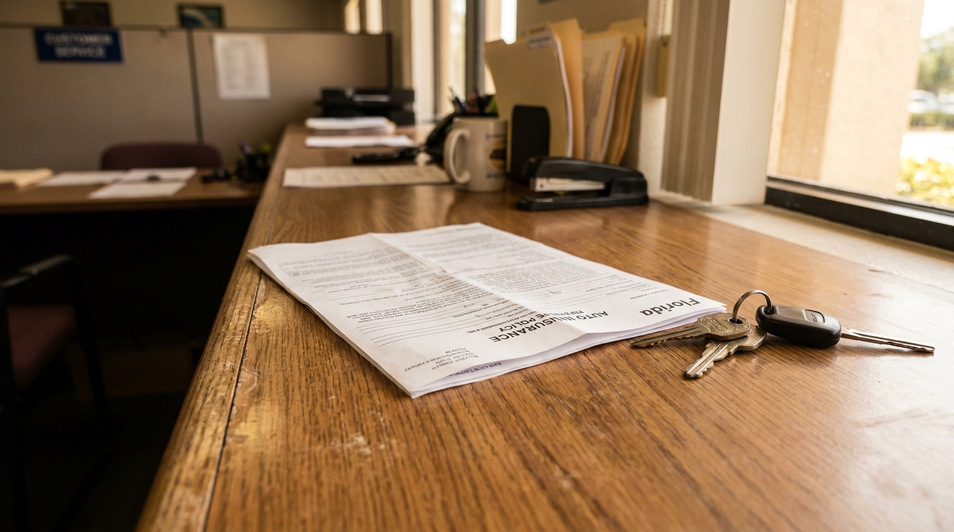 Florida Auto Insurance Policy and Car Keys on Desk Florida Auto Insurance Policy document and car keys on office counter