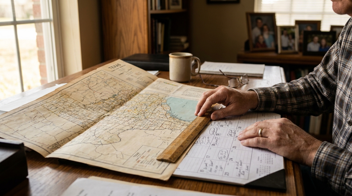 Texas Map Ruler Measuring 50 Mile Custody Distance person reviewing Texas map with ruler and handwritten notes on desk