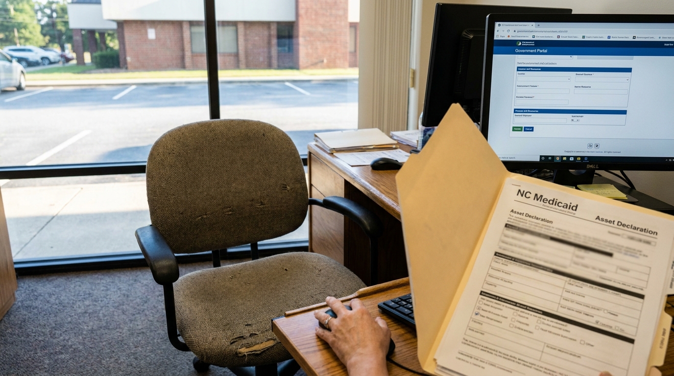 NC Medicaid Asset Declaration Form Charlotte Elder Law Office NC Medicaid Asset Declaration form open beside Government Portal on desktop monitor