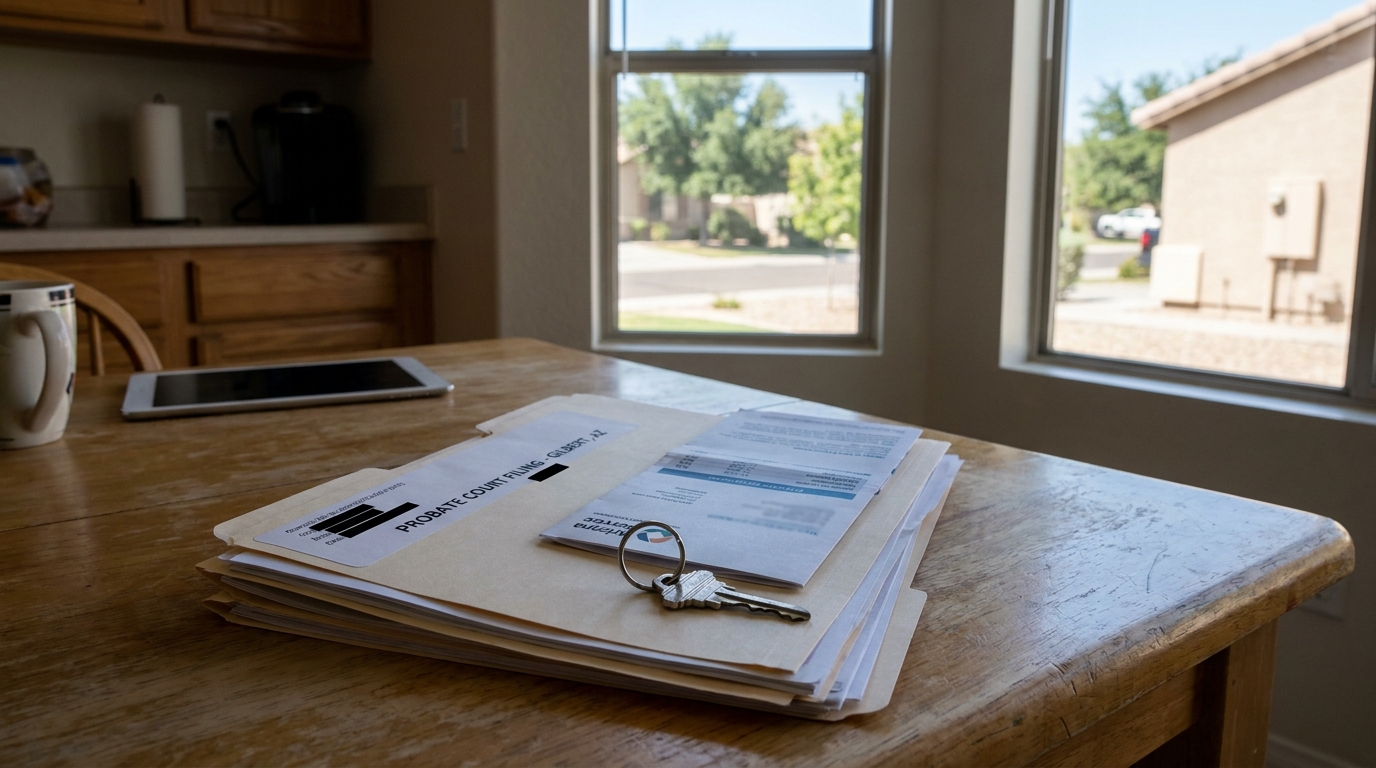 Gilbert Arizona Probate Court Filing Documents and Estate Key Probate Court Filing documents and house key resting on wooden table