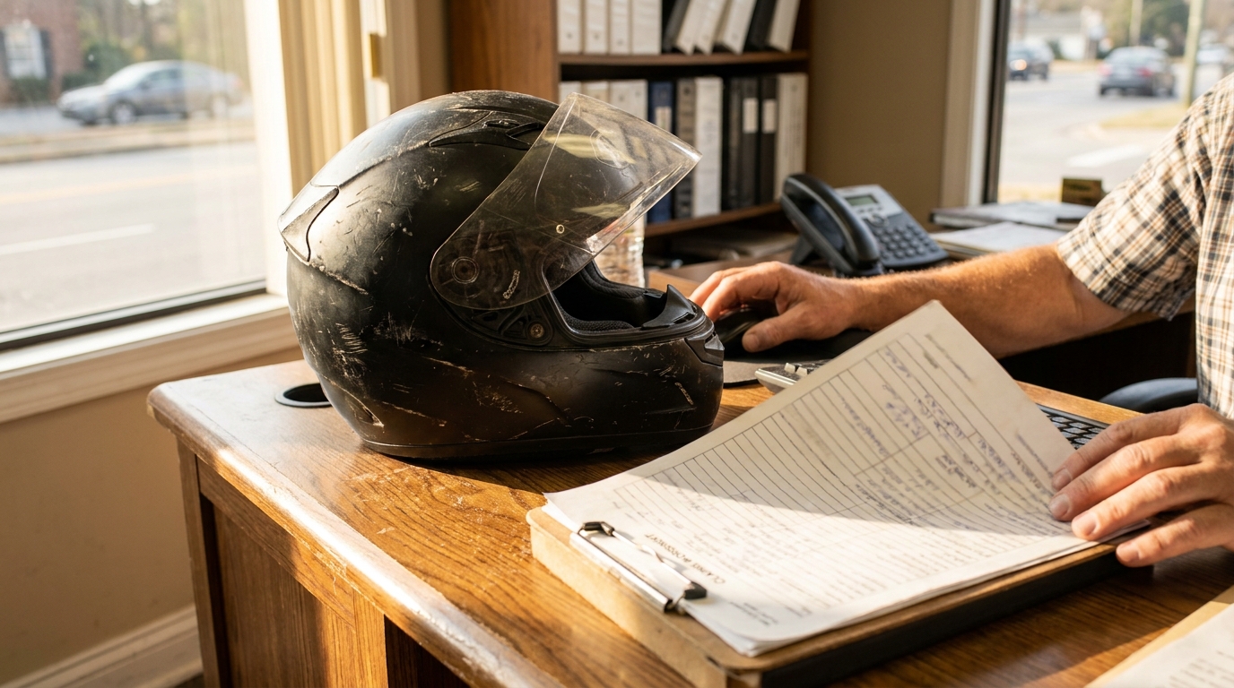 Totaled Motorcycle Insurance Claim South Carolina damaged motorcycle helmet on desk beside handwritten legal claim documents