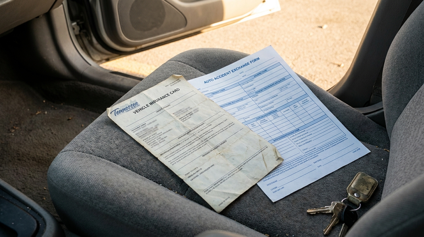 Tennessee Vehicle Insurance Card and Auto Accident Exchange Form on car seat with keys