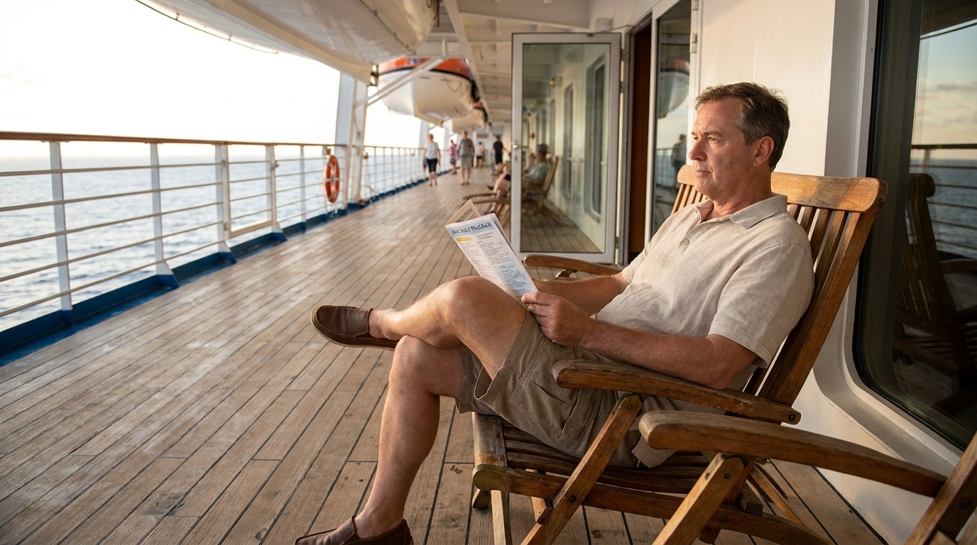 Ft Lauderdale Cruise Passenger Reading Injury Claim Documents man seated in deck chair on cruise ship reading printed document