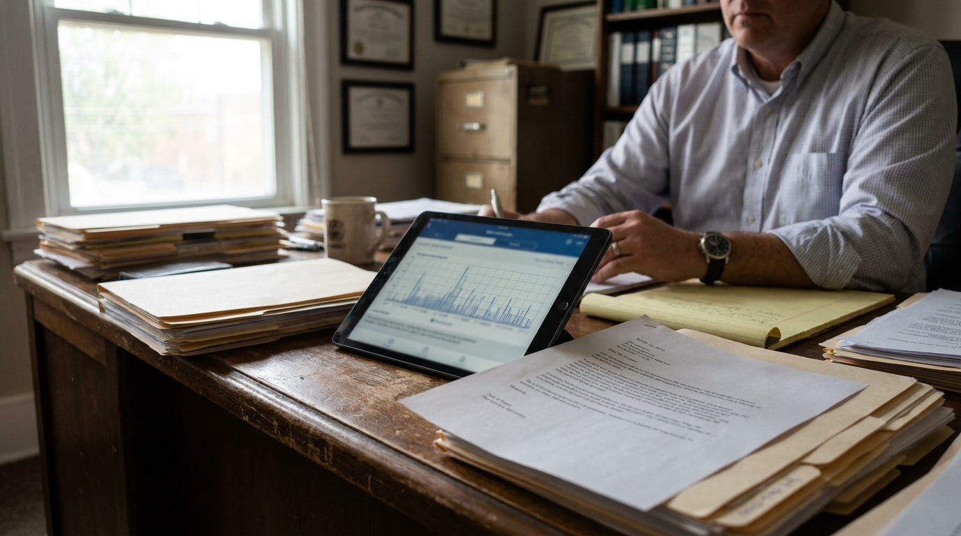 attorney at desk reviewing case files and tablet displaying chart data