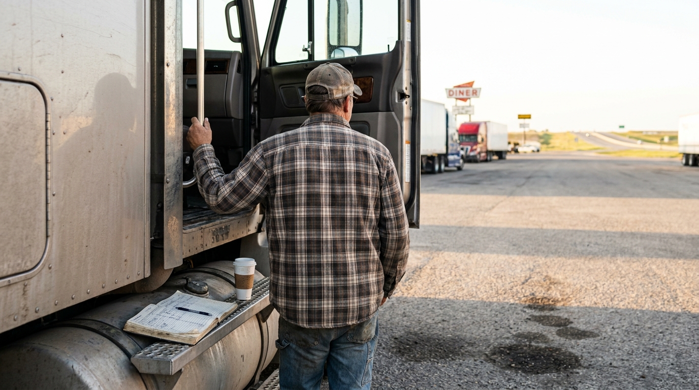 truck driver boarding semi-truck cab at roadside stop with logbook and coffee cup on step