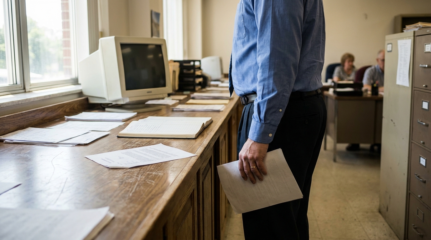 Norristown Slip and Fall Lawyer Reviewing Constructive Notice Documents professional standing at office counter holding legal documents near desktop computer