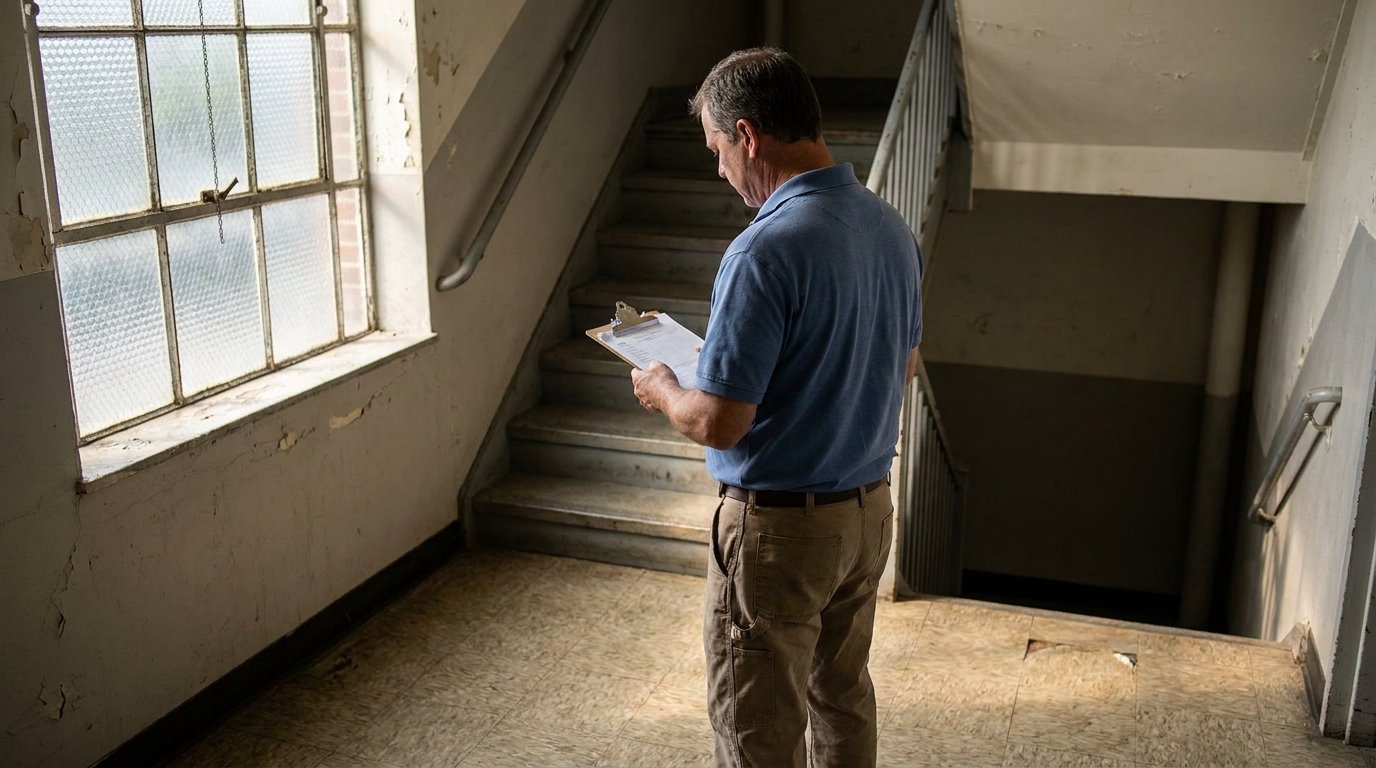Property Inspector Reviewing Hazardous Stairwell Norristown PA man holding clipboard reviewing documents near deteriorated staircase in rundown building