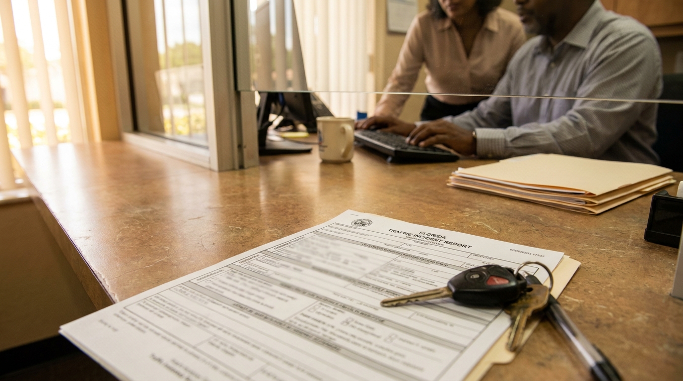 Florida Traffic Incident Report form with car keys on office desk