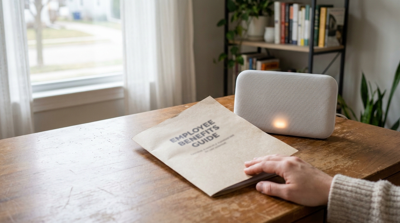 hand holding Employee Benefits Guide booklet on wooden desk beside smart speaker