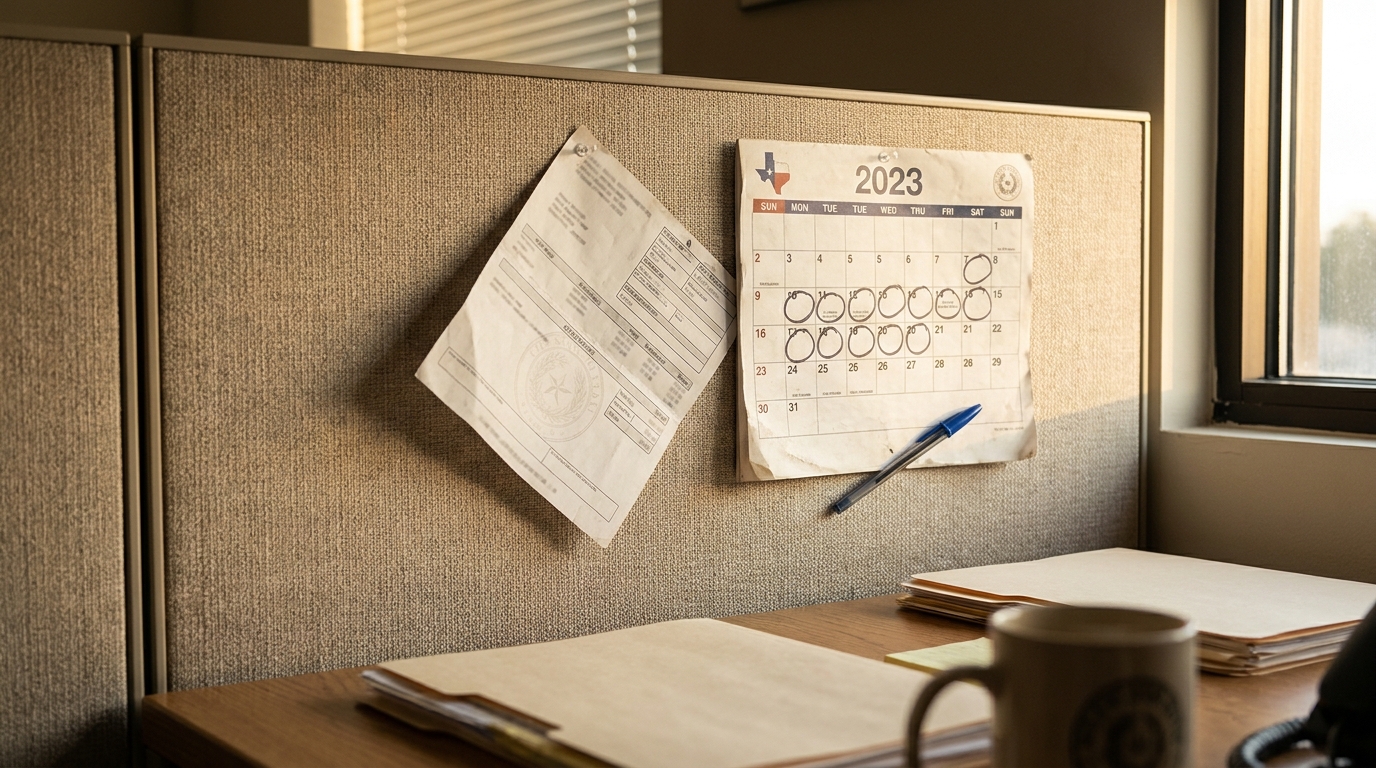 Texas Worker Desk With Wage Documents and Calendar office cubicle bulletin board with 2023 Texas calendar and pinned official document