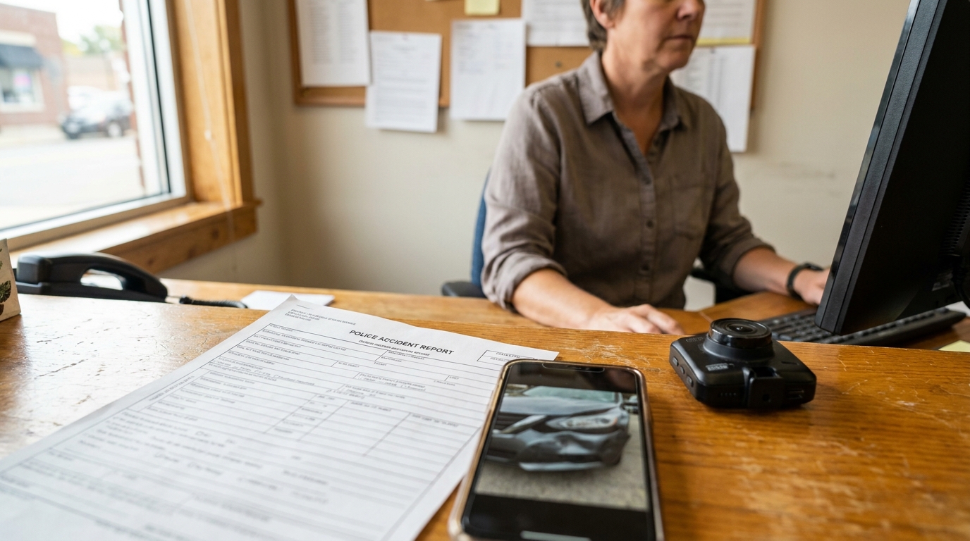 Police accident report form on desk with smartphone showing damaged vehicle