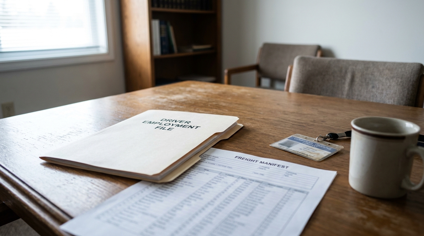Driver Employment File folder and Freight Manifest document on wooden table