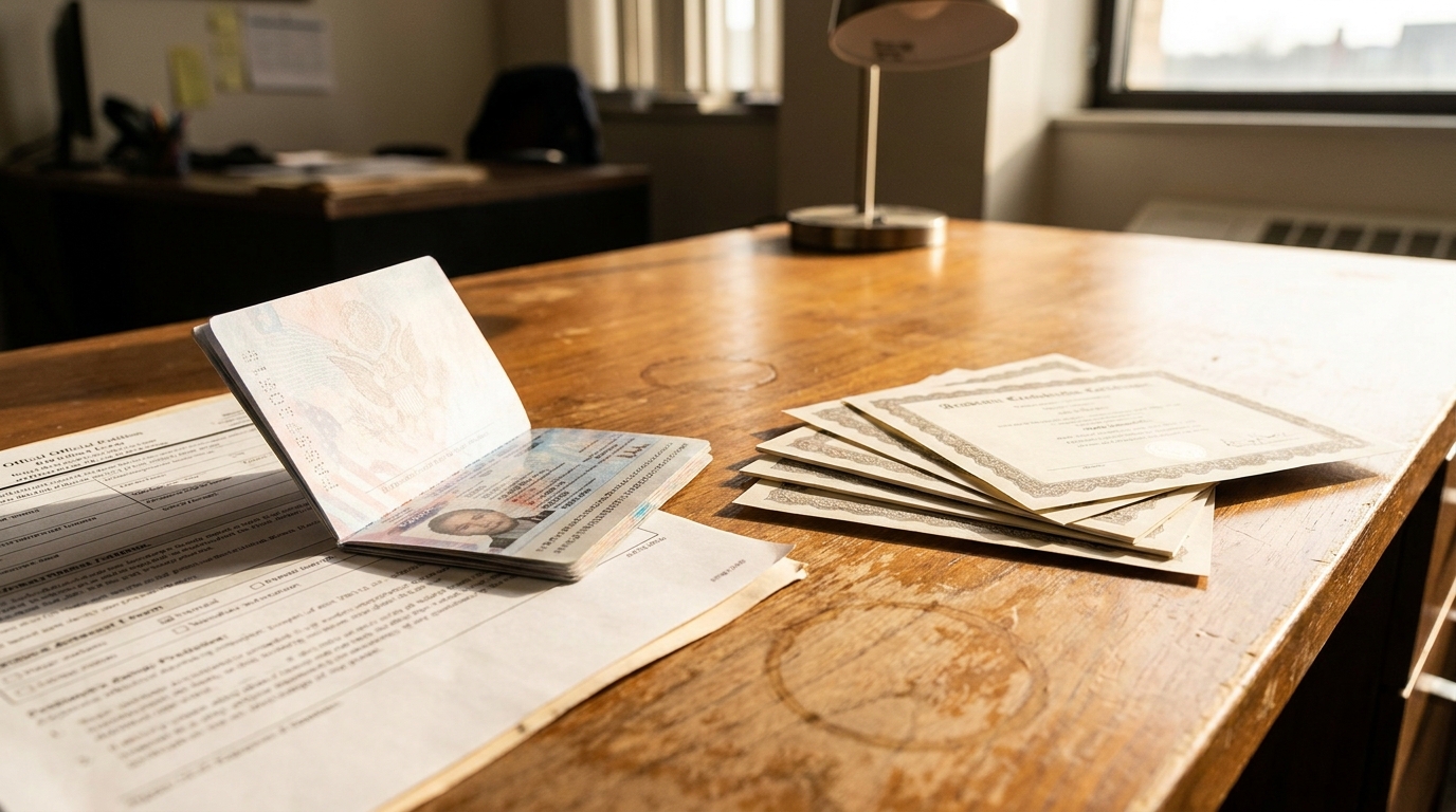 open passport, immigration form, and official certificates spread on wooden desk