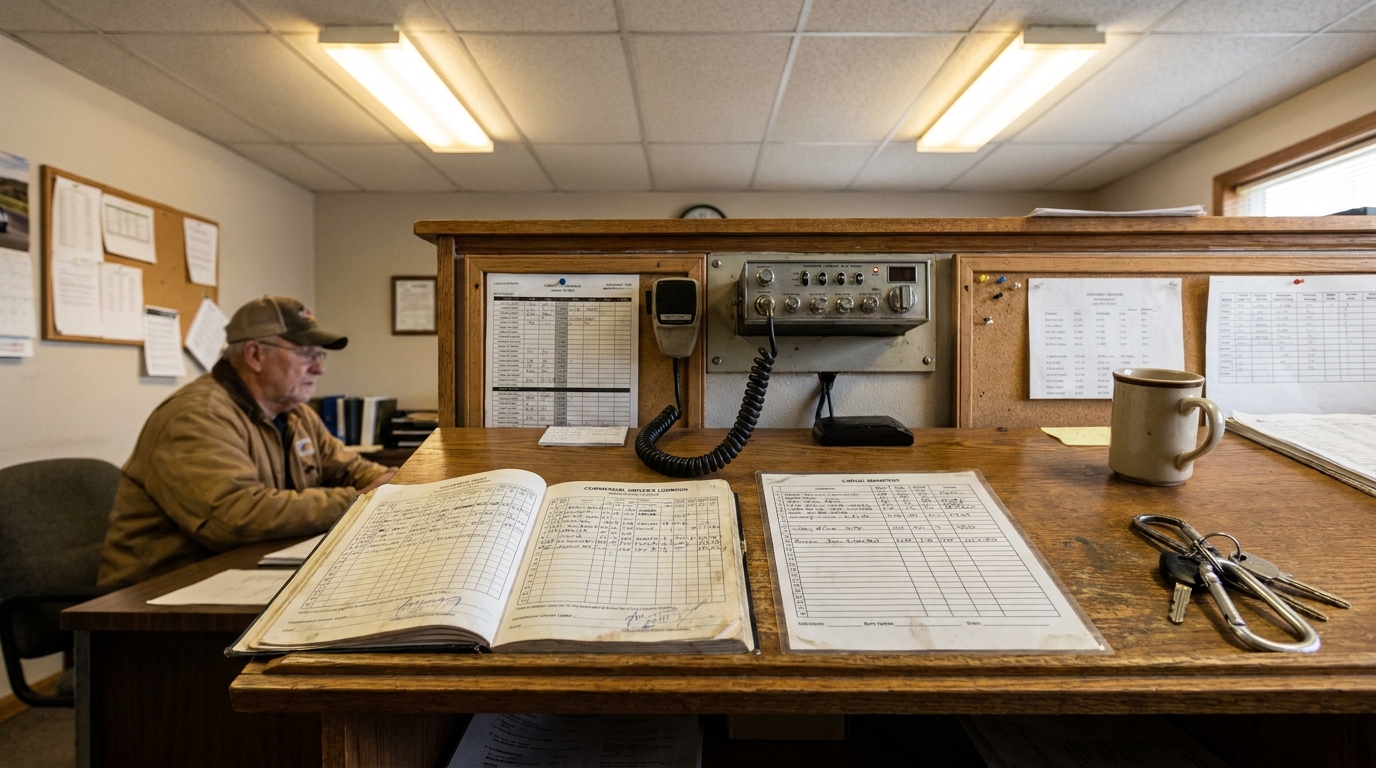 commercial driver logbook and cargo manifest open on trucking dispatch office desk