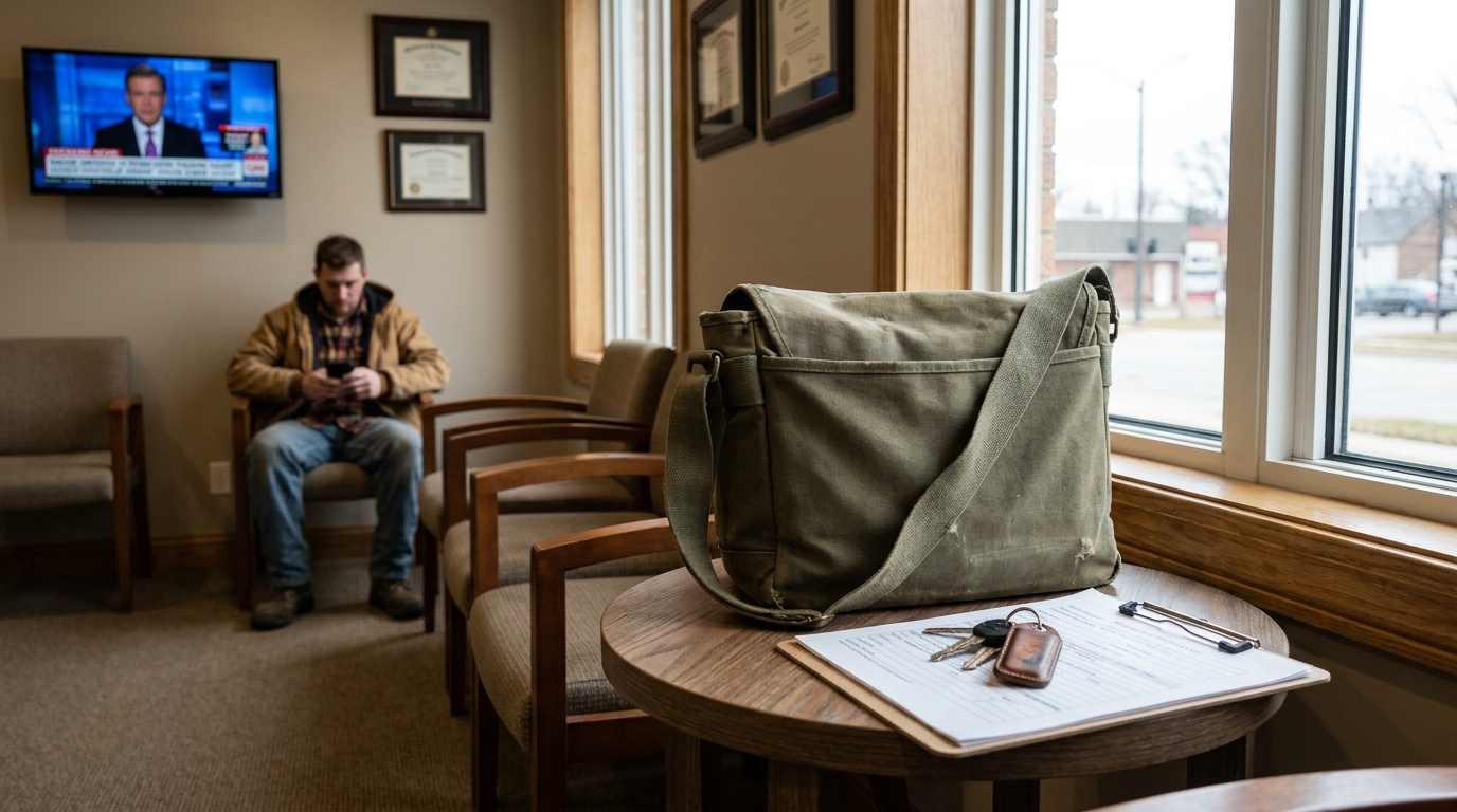 Madison WI Delivery Driver Injury Claim Attorney Waiting Room law office waiting room with man seated, framed credentials, clipboard, and keys on table