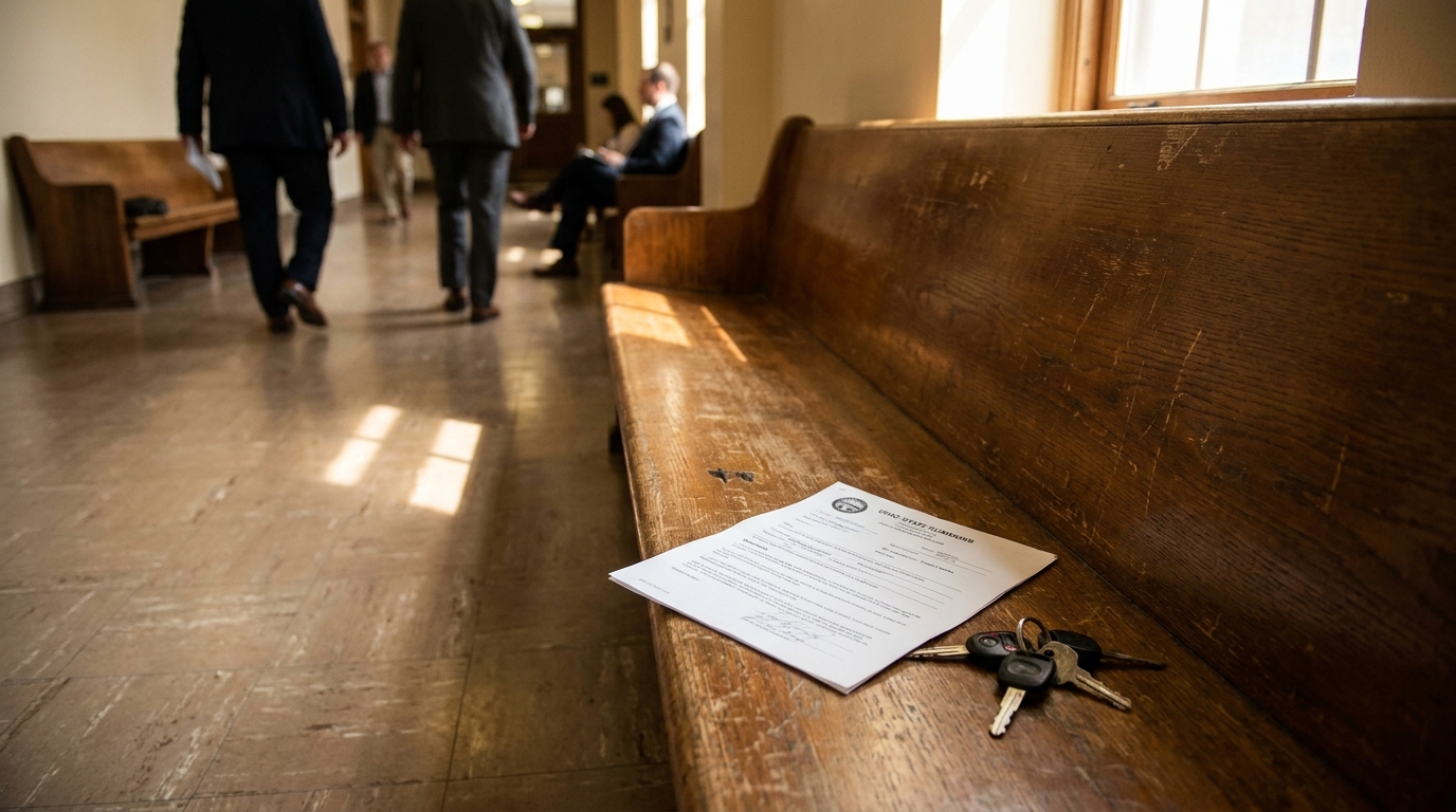 Cincinnati Hamilton County Court M1 Misdemeanor Charge Document official legal document and keys resting on courthouse hallway bench with people walking