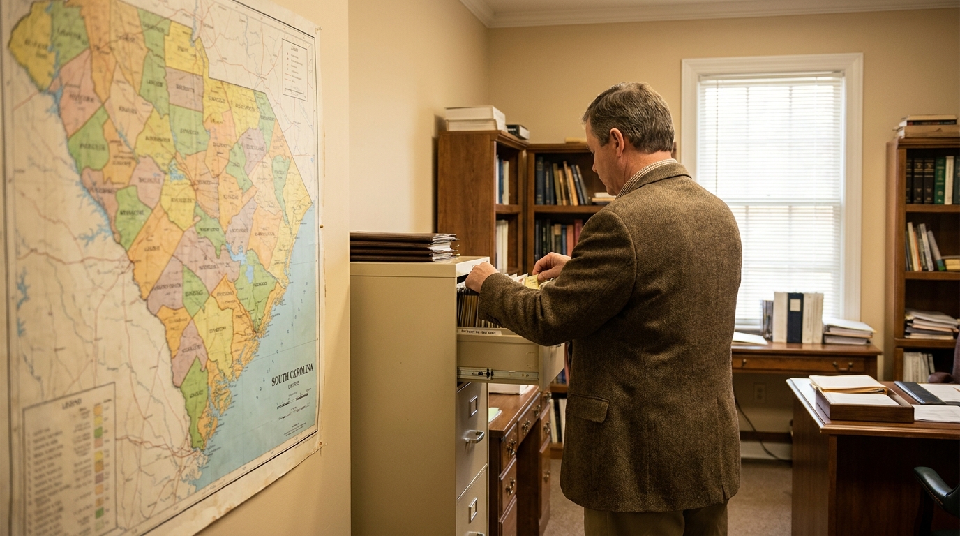 Fort Mill SC Estate Attorney Reviewing Probate Files attorney reviewing files in office beside South Carolina county map on wall