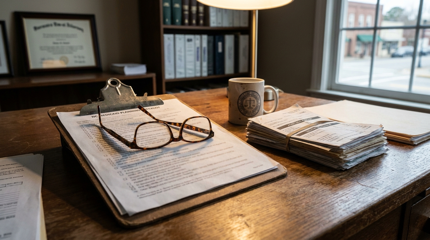 NC Medicaid Planning Checklist on clipboard with reading glasses on attorney desk