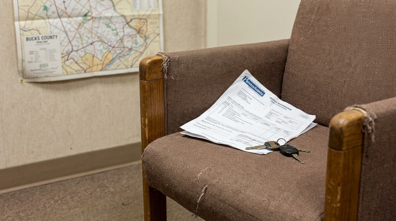 Bucks County PA Auto Accident Claim Form and Car Keys Pennsylvania vehicle registration form and car keys resting on waiting room chair