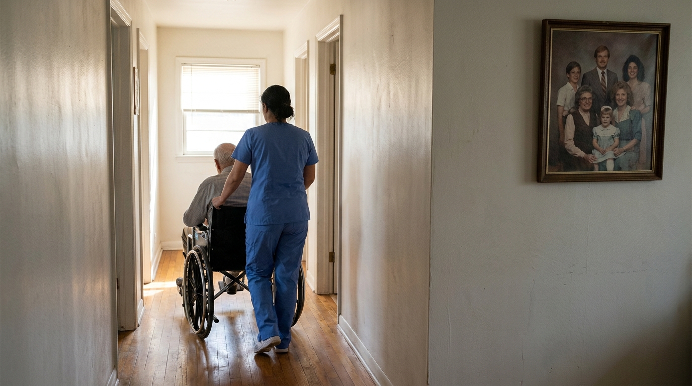 Charlotte NC Caregiver Assisting Elderly Patient Long-Term Care caregiver in scrubs pushing elderly patient in wheelchair down residential hallway
