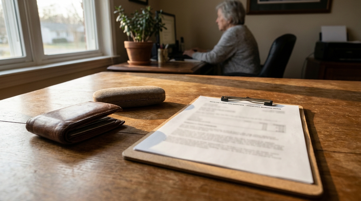Tennessee Nursing Home Cost Breakdown Franklin Elder Law Consultation Monthly Cost Breakdown Tennessee Nursing Home document on clipboard with wallet on desk
