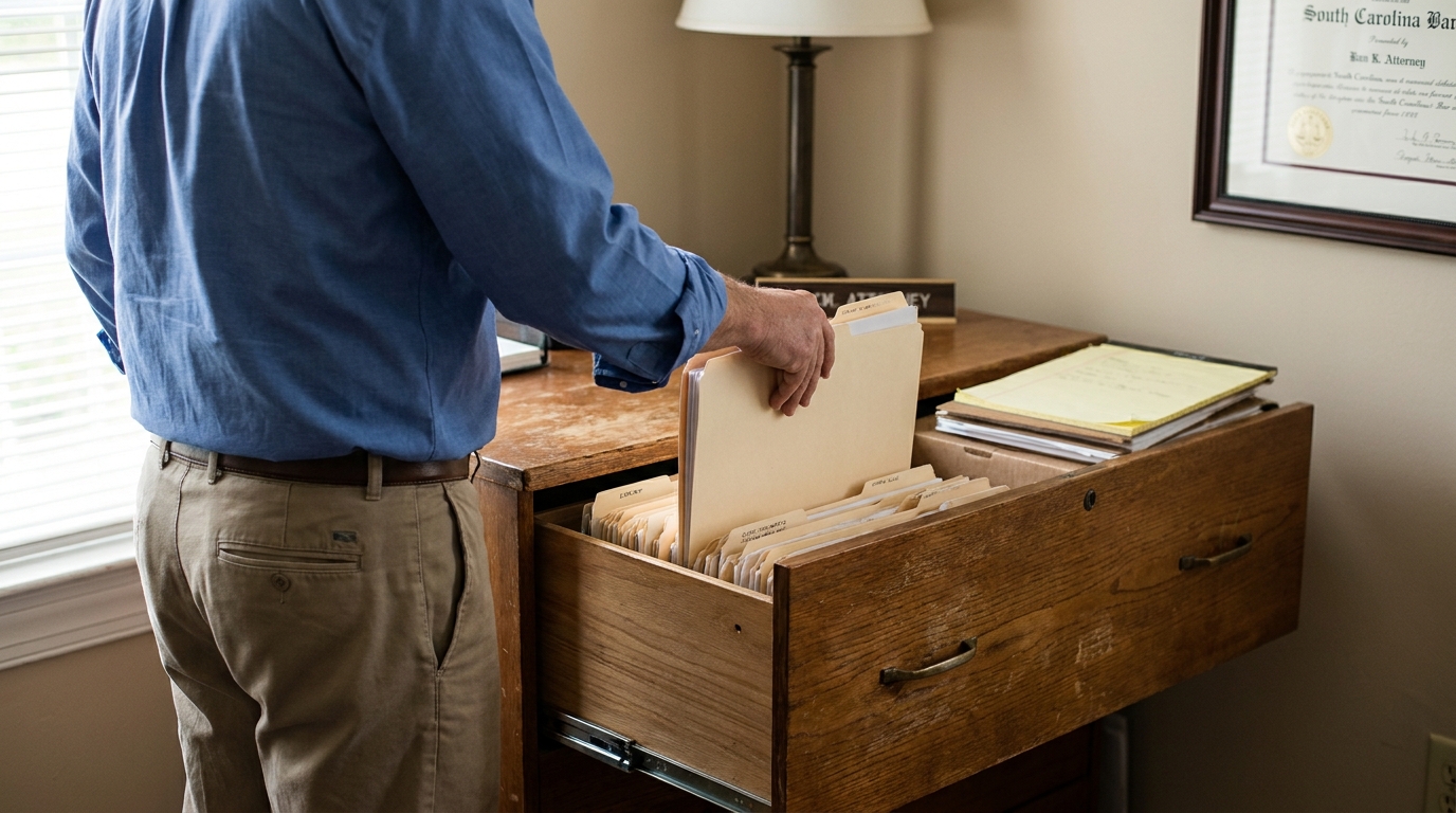 attorney retrieving manila folder from open wooden filing cabinet in law office