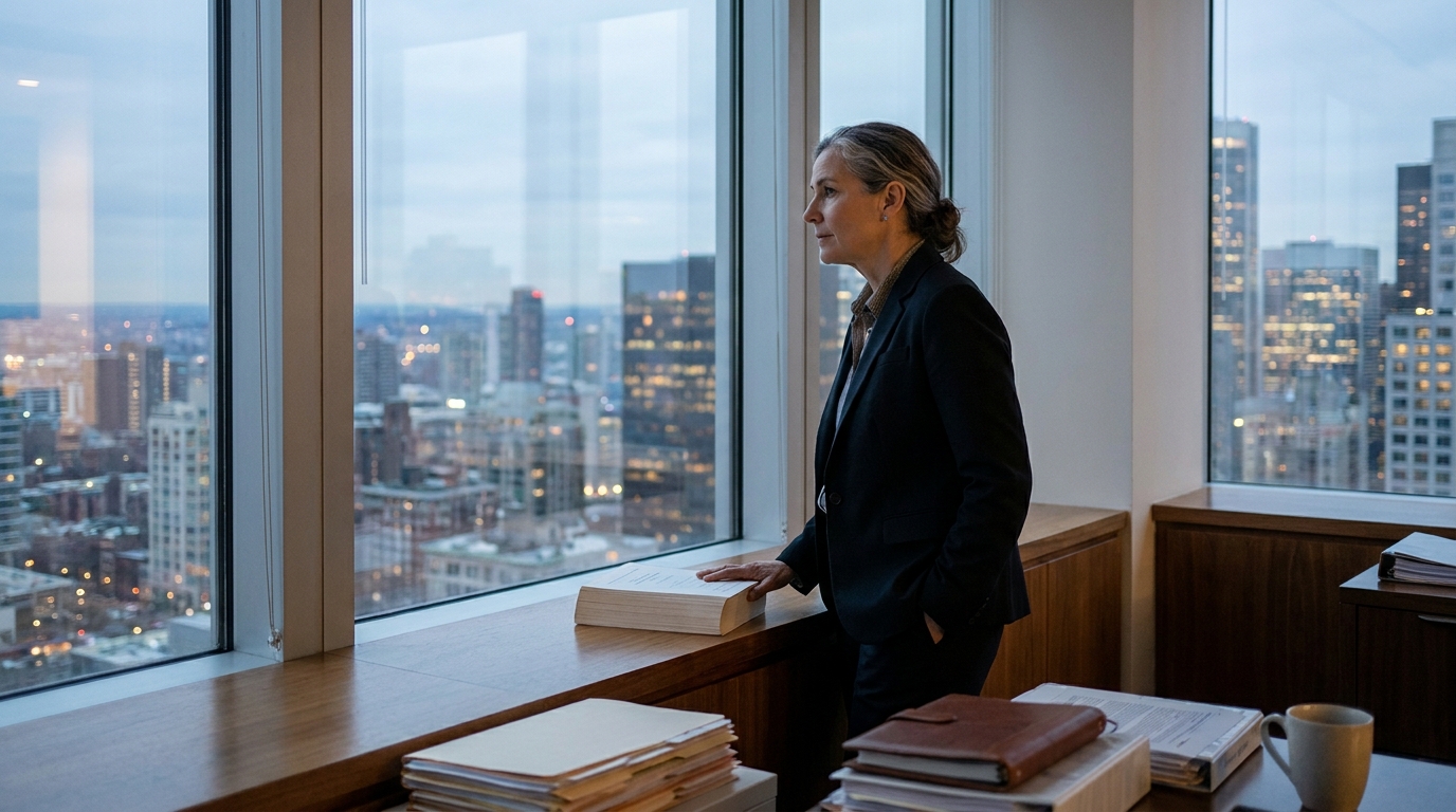female attorney standing at high-rise office window overlooking city skyline with legal documents on desk