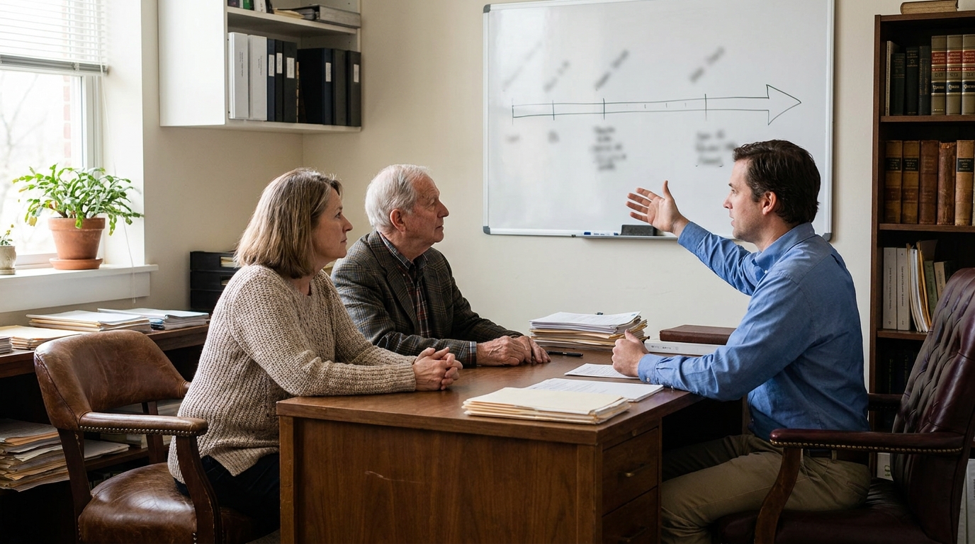 Elder Law Attorney Explaining Medicaid Look-Back Period Charlotte NC attorney gesturing at whiteboard timeline while meeting with two clients across desk