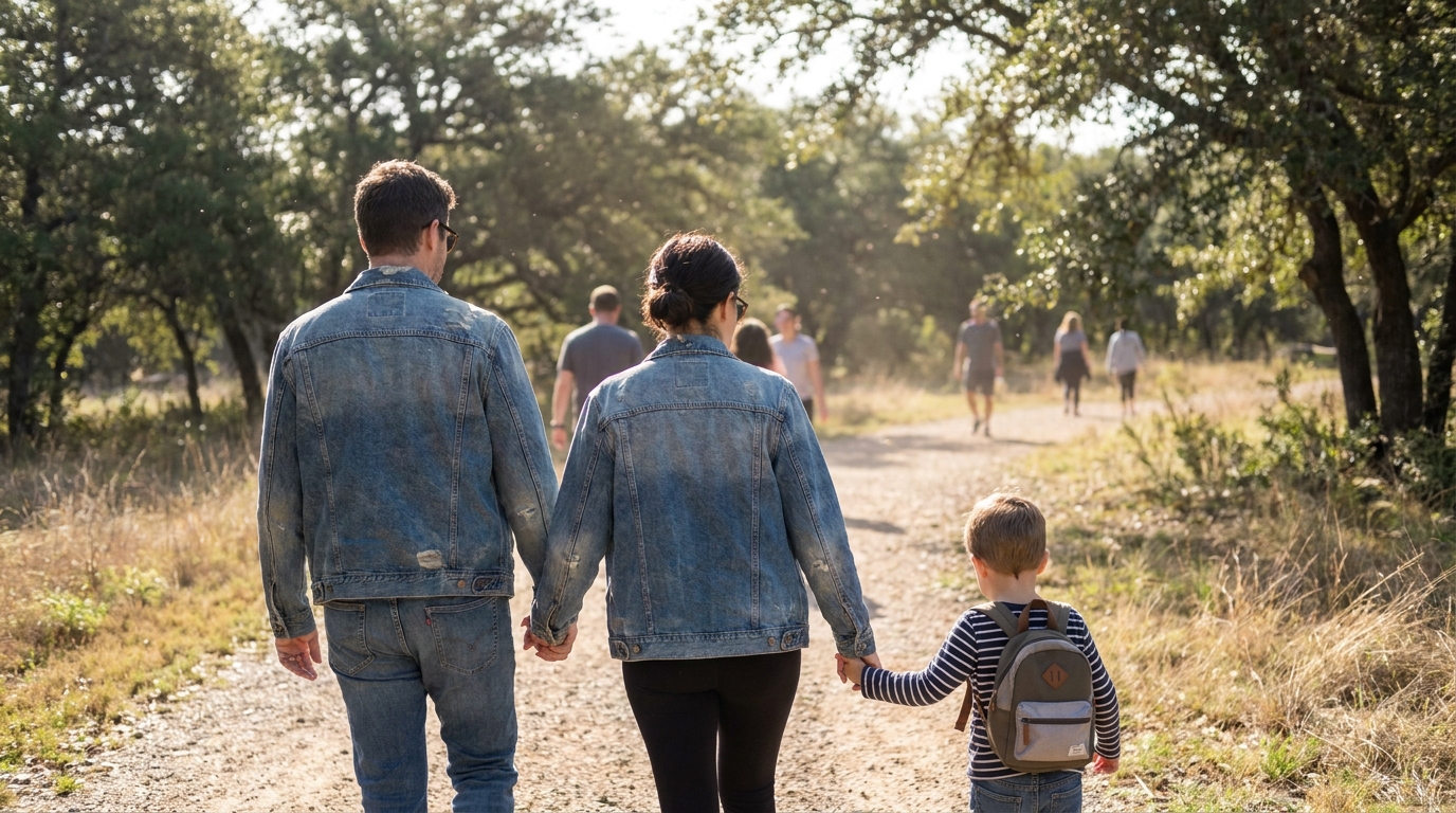 Texas Family With Child Walking Amid Divorce Custody two adults and young child with backpack walking together on outdoor trail