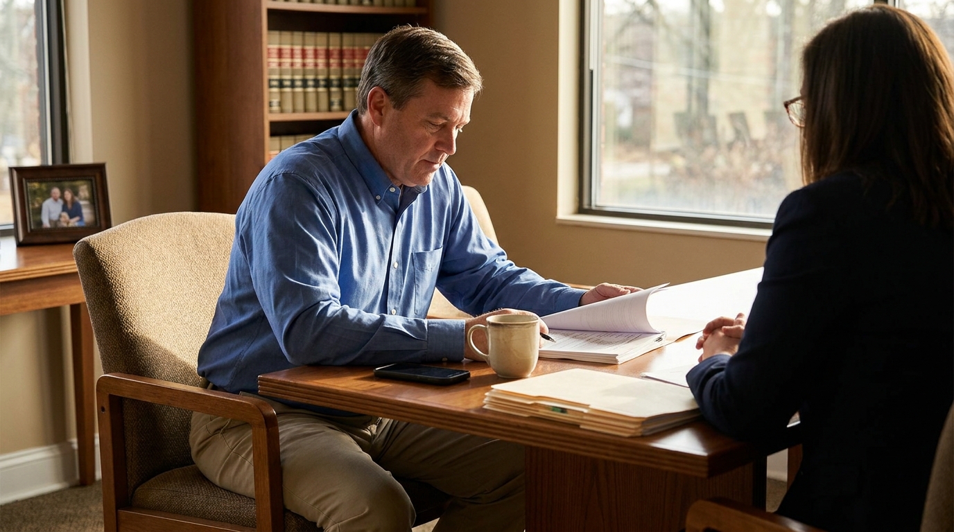 attorney reviewing legal documents with client across wooden office desk