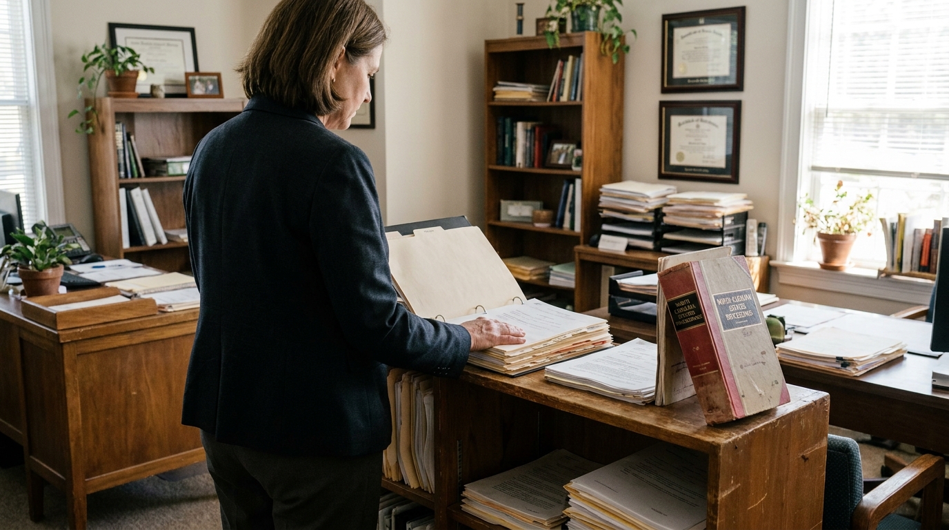 Charlotte NC Probate Attorney Reviewing Estate Files attorney standing at desk reviewing open case file binder with legal books nearby