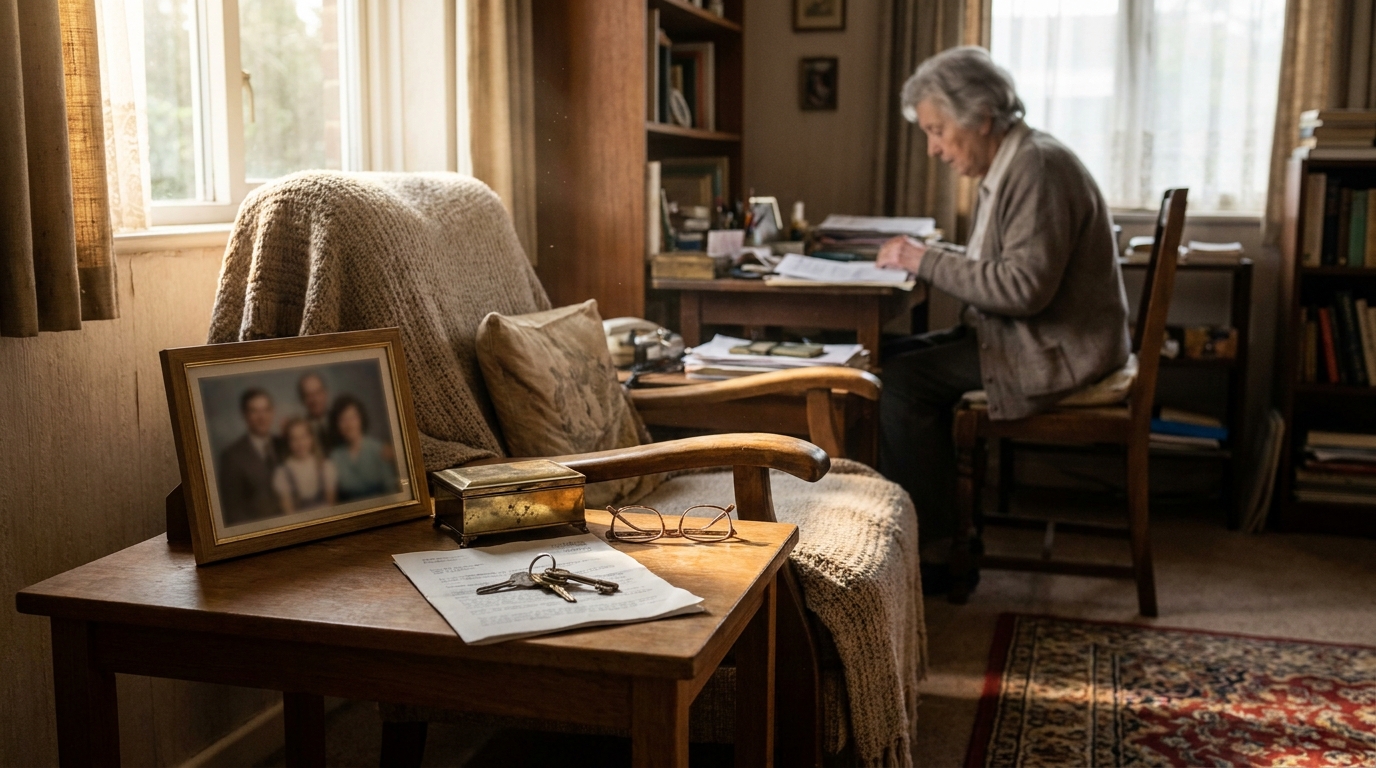elderly person reviewing documents at desk beside framed family photo and keys