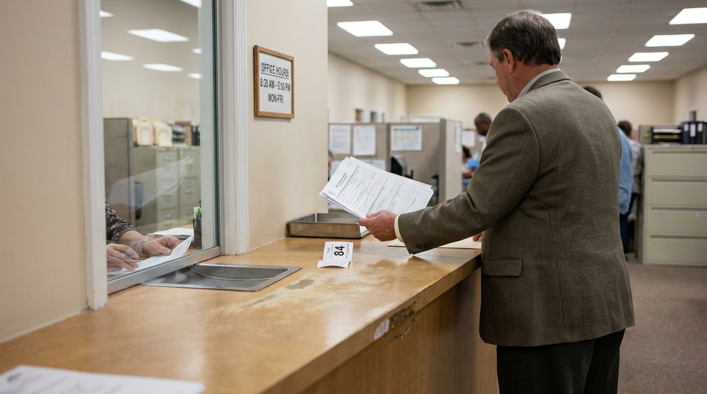 Attorney Filing Creditor Claim Documents at Fort Mill Probate Court suited man holding legal documents at government office service counter