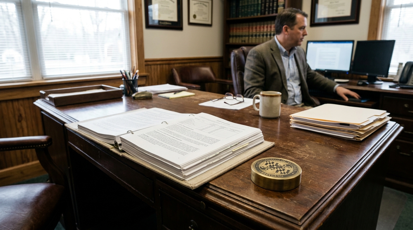 Baltimore Estate Planning Attorney Reviewing Maryland Estate Tax Documents attorney working at desk with open binder, stacked case files, and Maryland seal