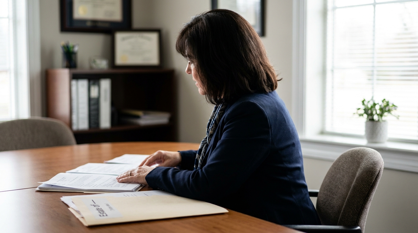 Probate Attorney Reviewing Creditor Claims Franklin TN female attorney reviewing legal documents at office desk with framed credentials