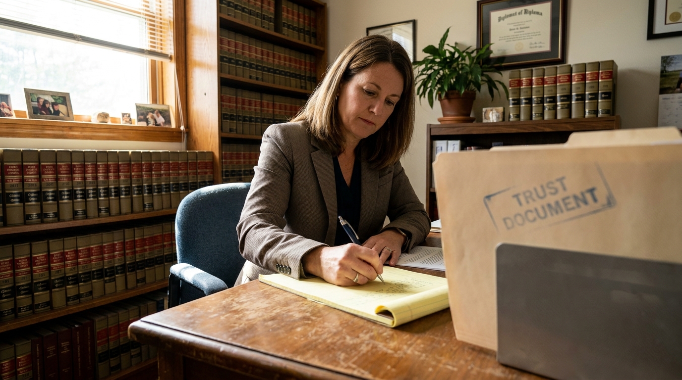 attorney writing notes at desk beside stamped Trust Document folder in law office